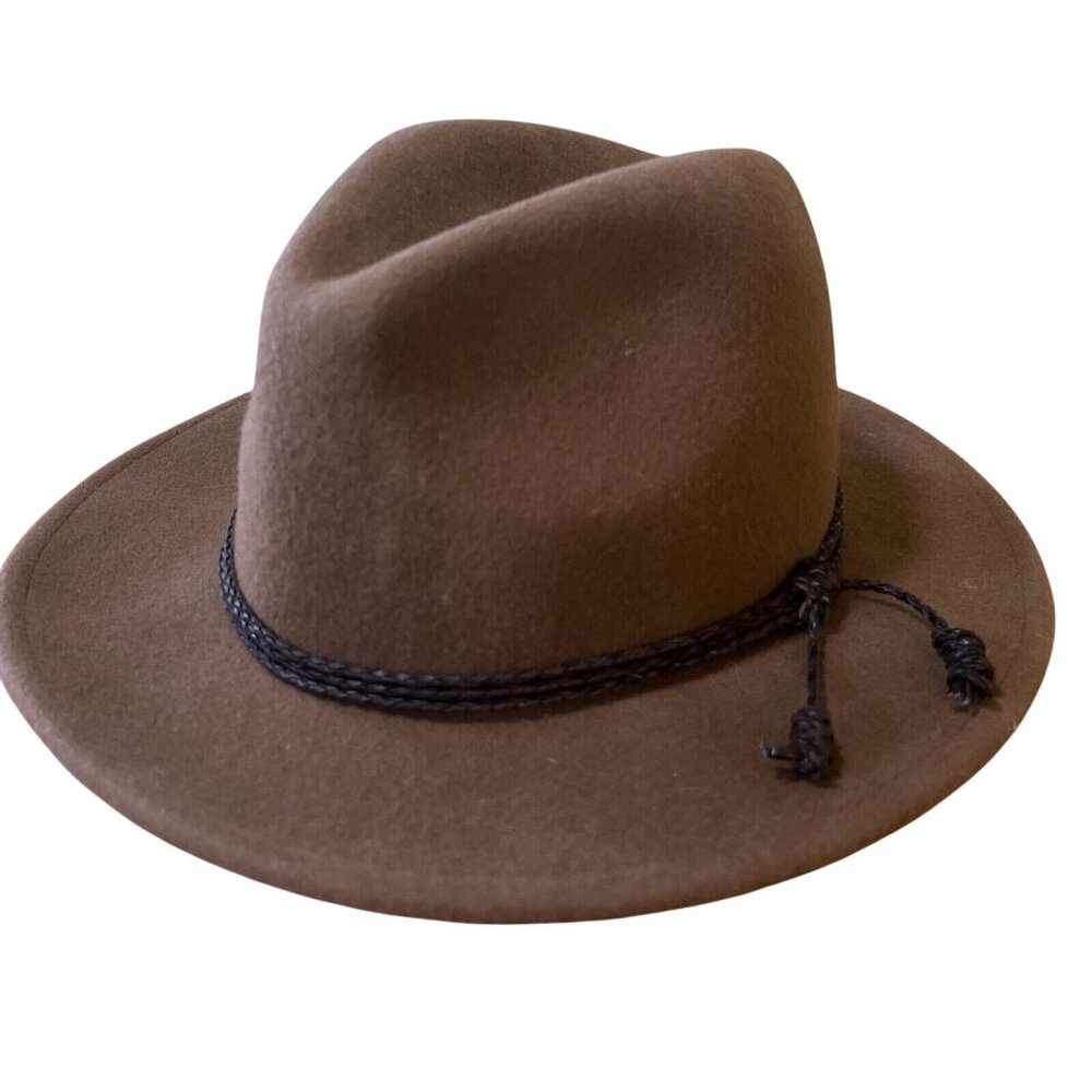 Olive &amp; Pique Hat Brown 100% Wool Felt Braided  Band Wide Brim Panama NWOT